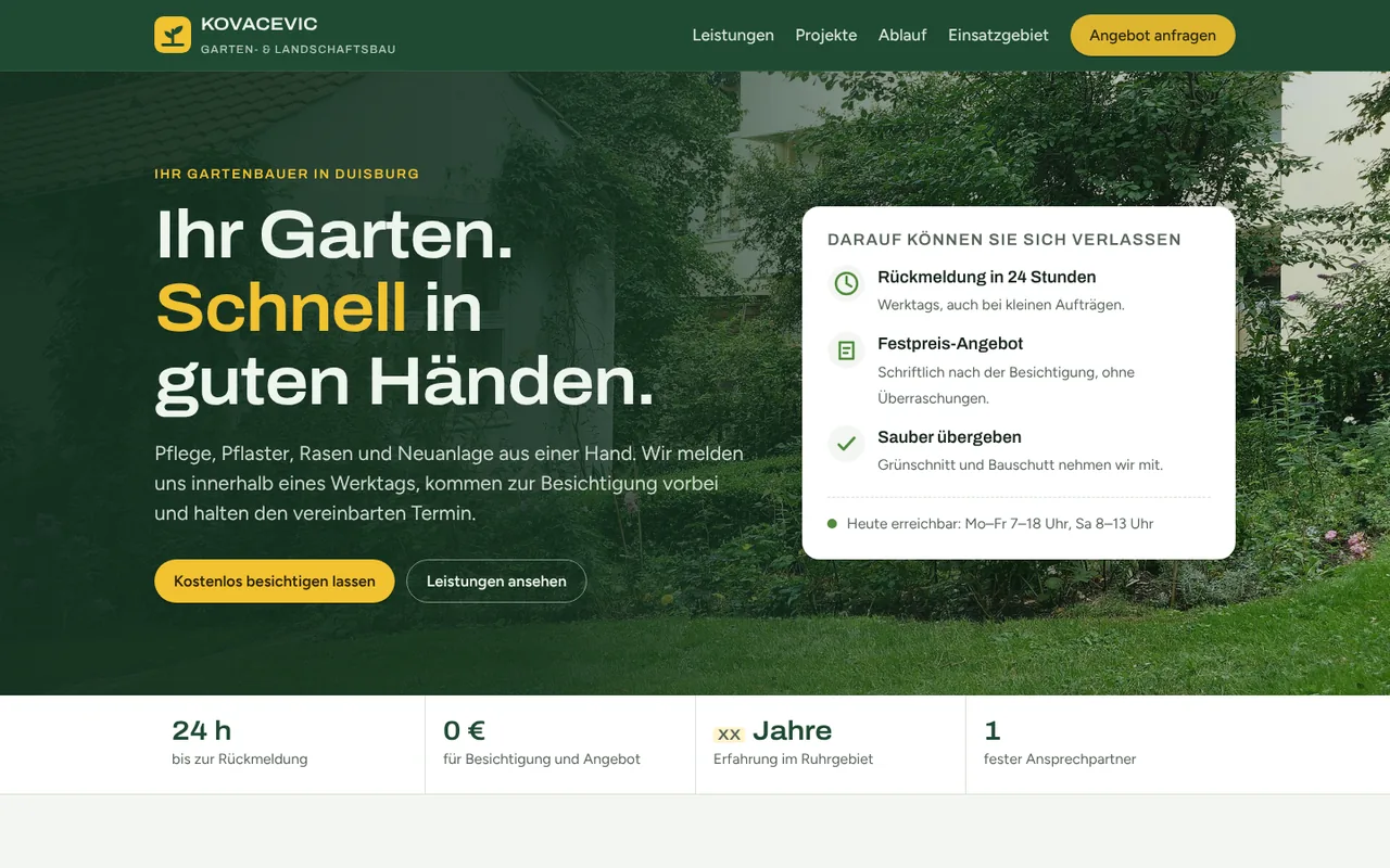 Website-Entwurf für Kovacevic Garten- und Landschaftsbau: Startseite mit Titelbild und Leistungsversprechen